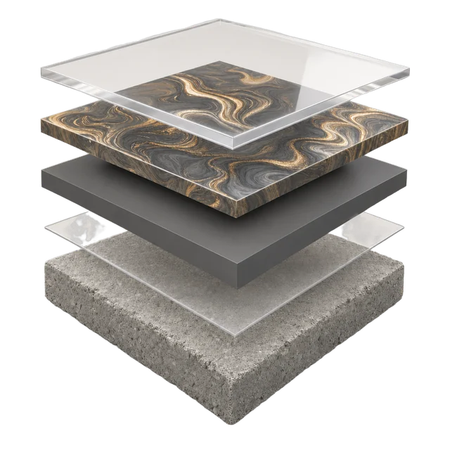 Metallic system layers: concrete substrate, moisture vapor barrier, pigmented basecoat, metallic coat, clear topcoat