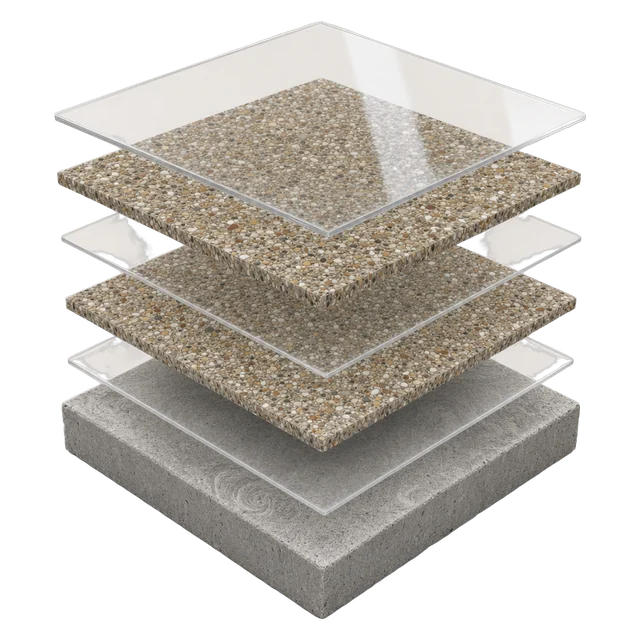 Quartz system layers: concrete substrate, moisture vapor barrier, double decorative quartz broadcast, clear polyaspartic topcoat