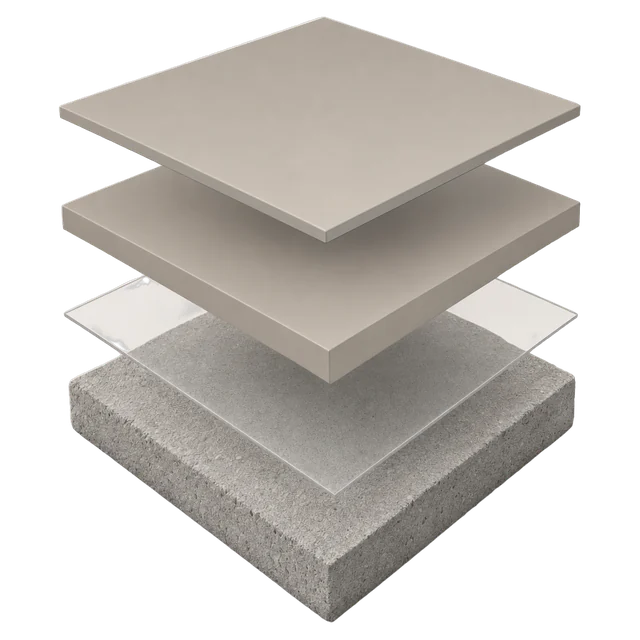 Solid color system layers: concrete substrate, moisture vapor barrier, self-leveling pigmented epoxy, pigmented topcoat