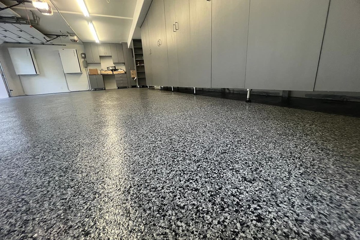 Garage floor epoxy coating in a two-car garage