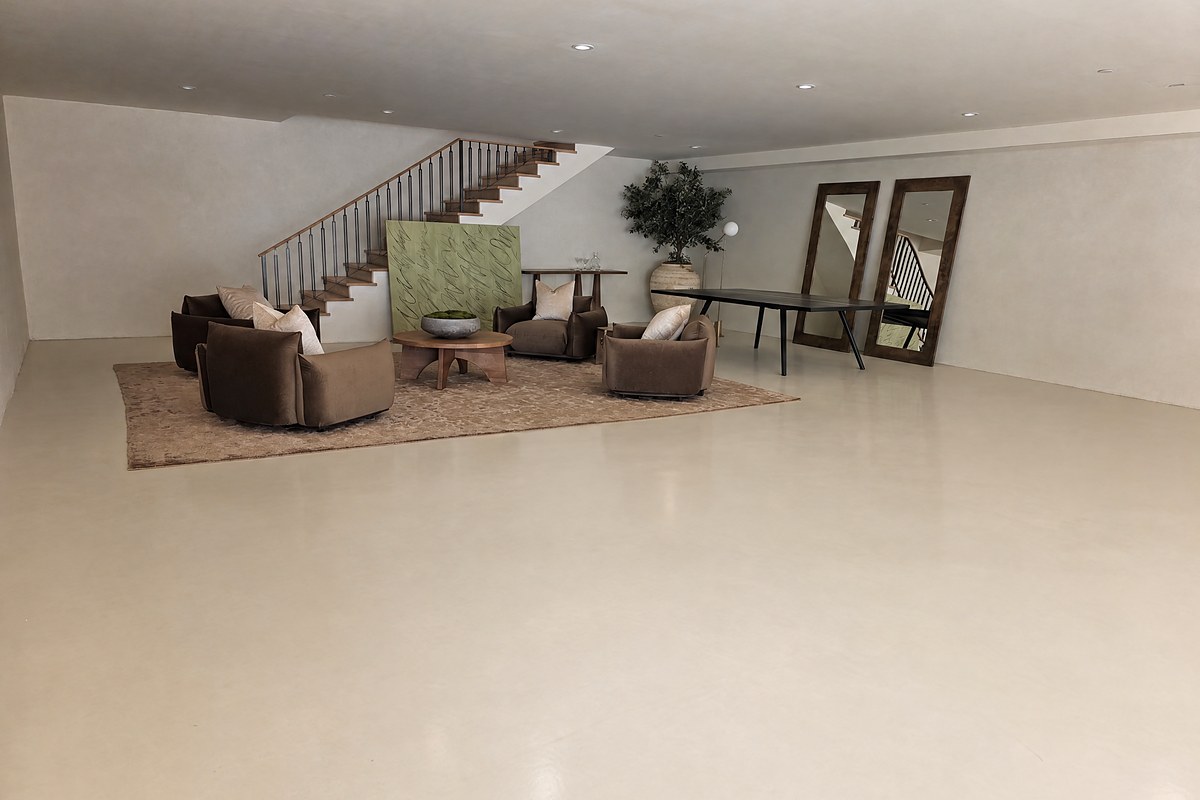 Solid color epoxy floor in a modern living space