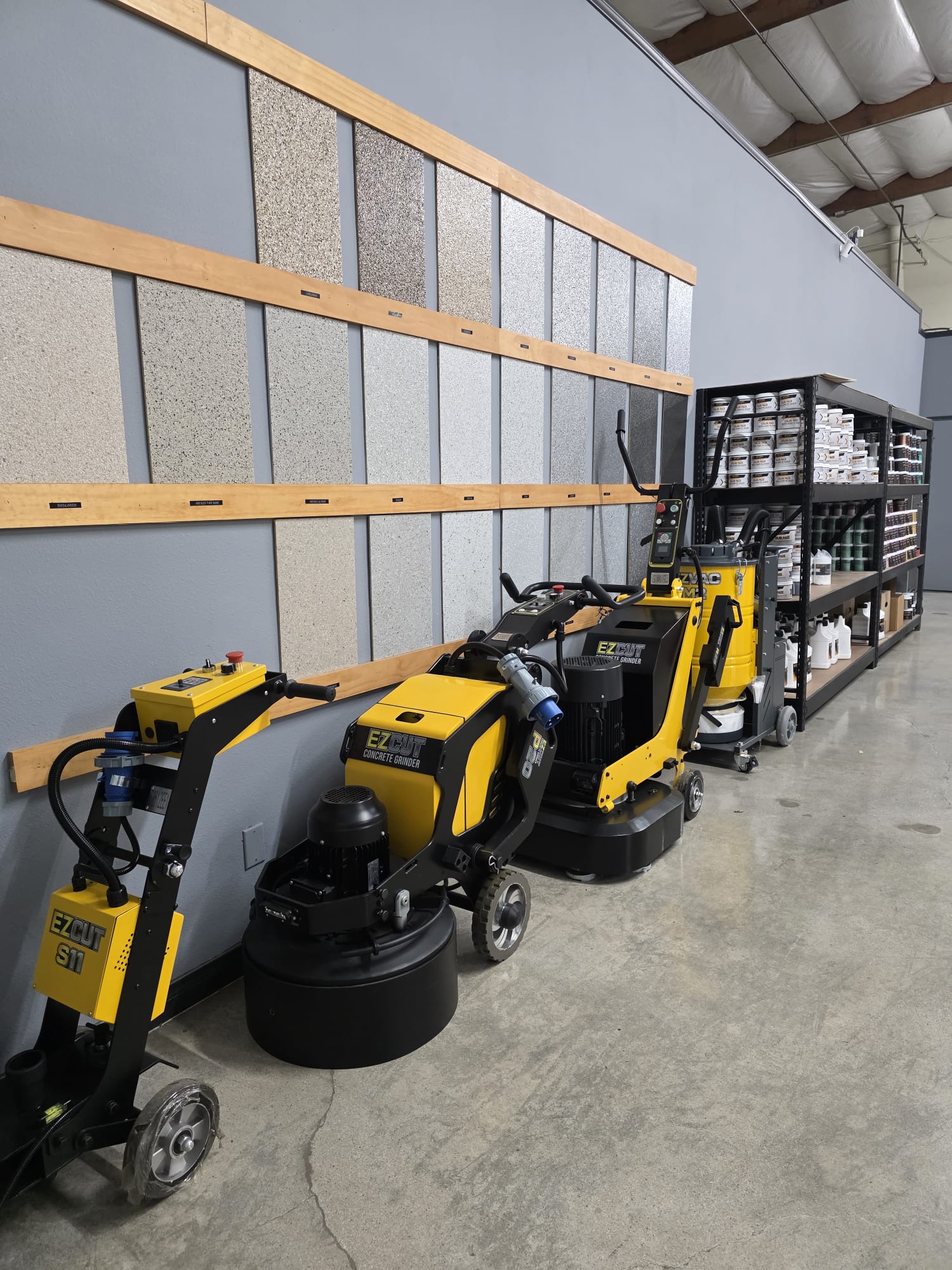 Showroom flake sample wall and grinders